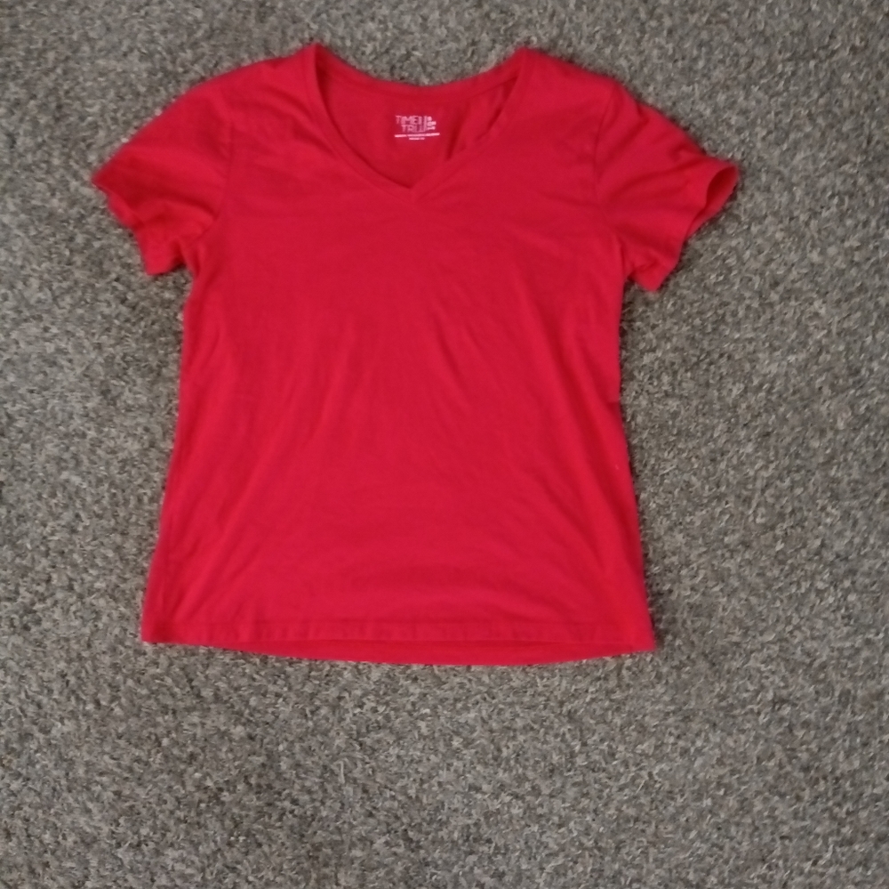 Small, time and true red V neck tee shirt